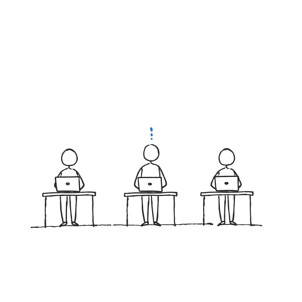 Three people at desks with laptops — hand-drawn